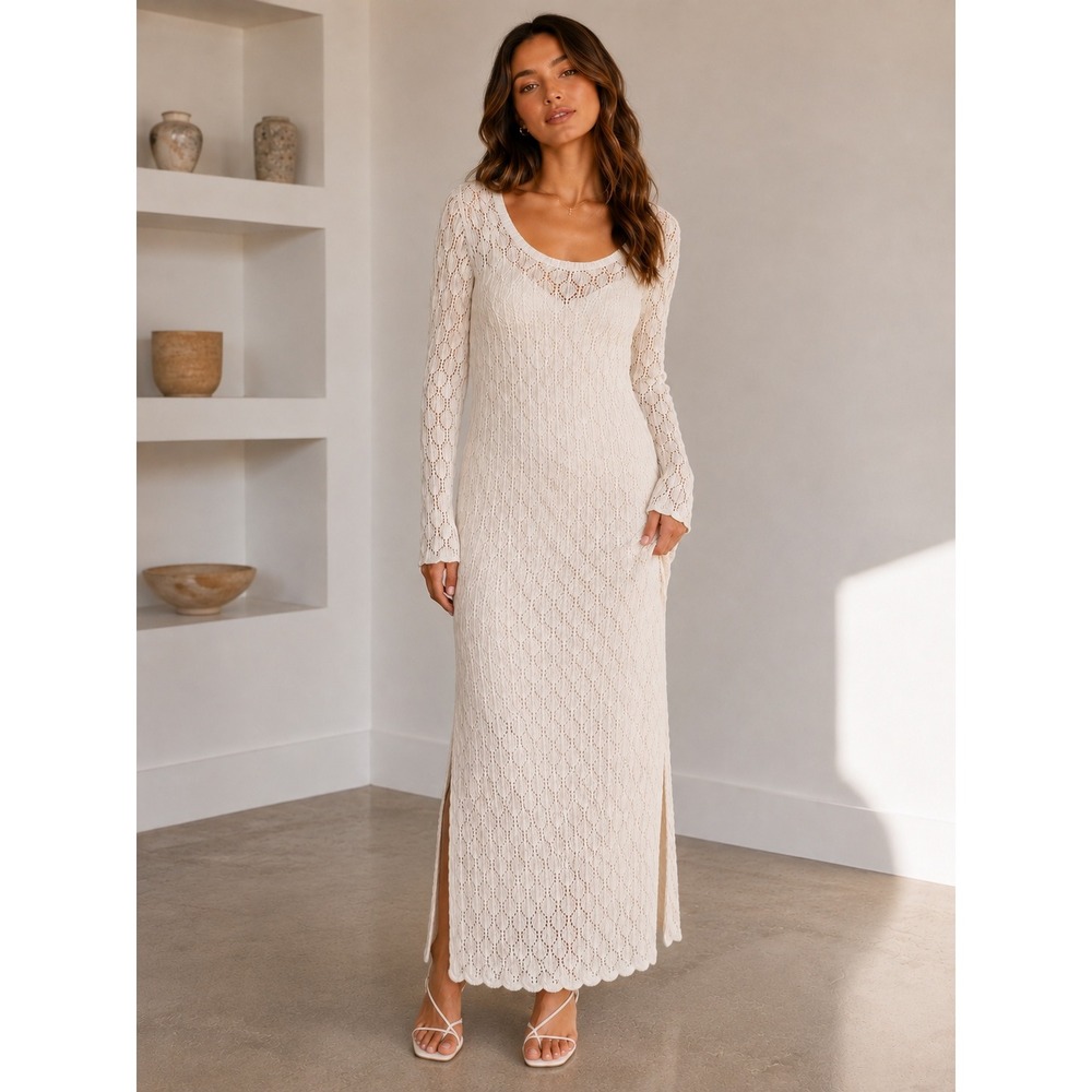 Olive + Oak Cream Crochet Pointelle Knit Maxi Dress Long Sleeve Ivory L 4S51505
